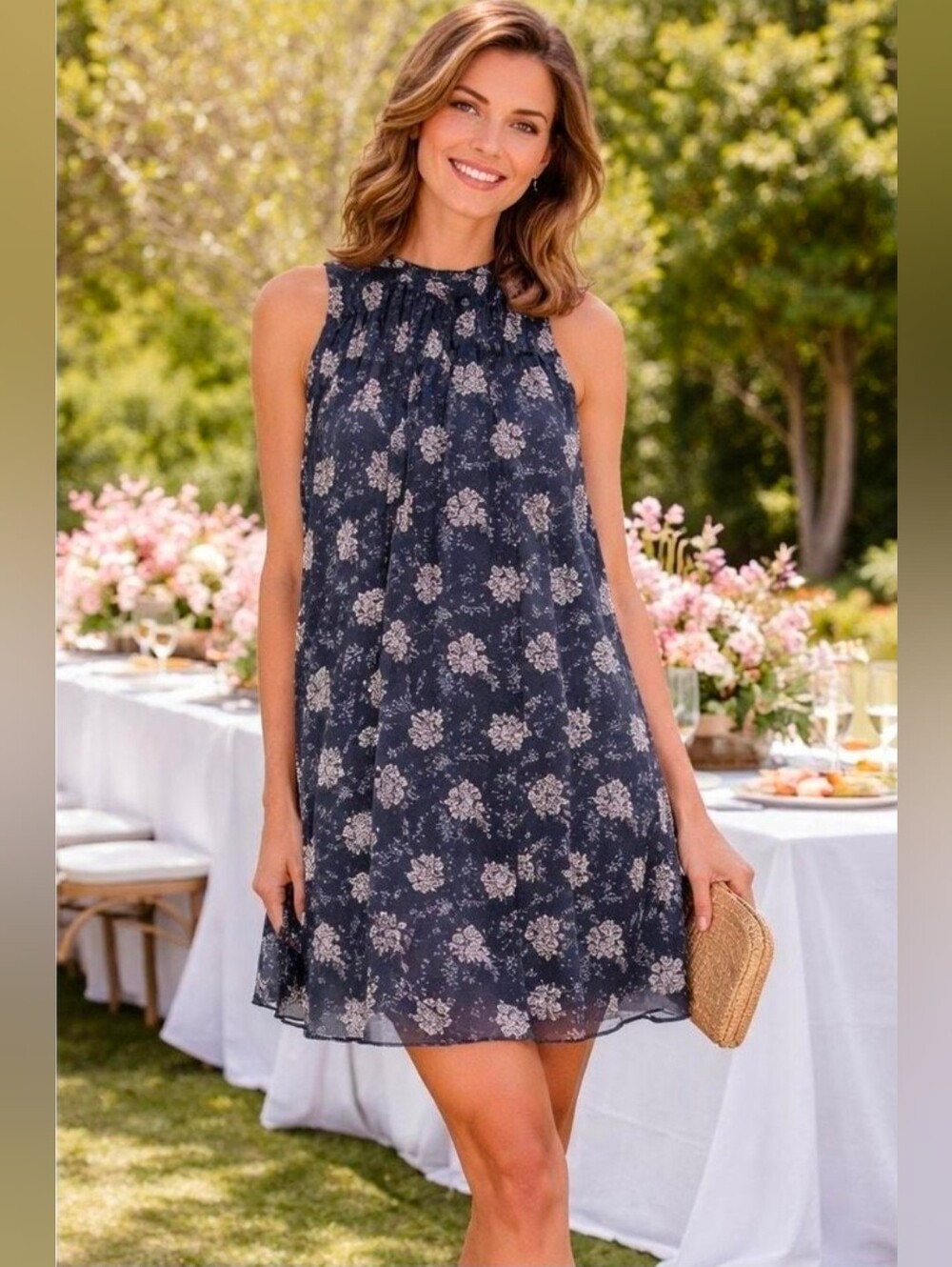 Joie Mini Dress Womens Small Blue Floral Baltic Print Smocked Top Sleeveless-M